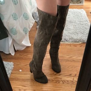 Over the knee brownish green heeled boots